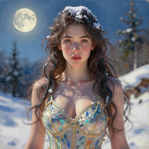 Young Woman in Mosaic Corset Under Full Moon Winter Night