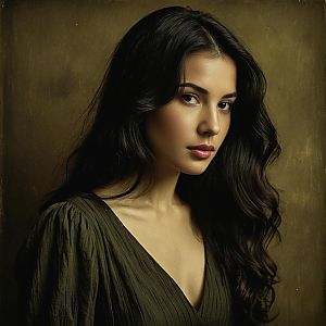 Realistic Portrait of Woman with Dark Wavy Hair in Olive Green Dress