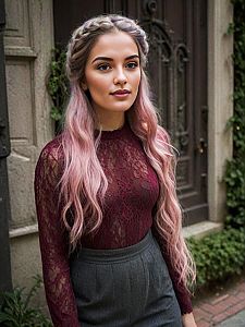 Confident Woman with Pink Hair in Burgundy Lace Top