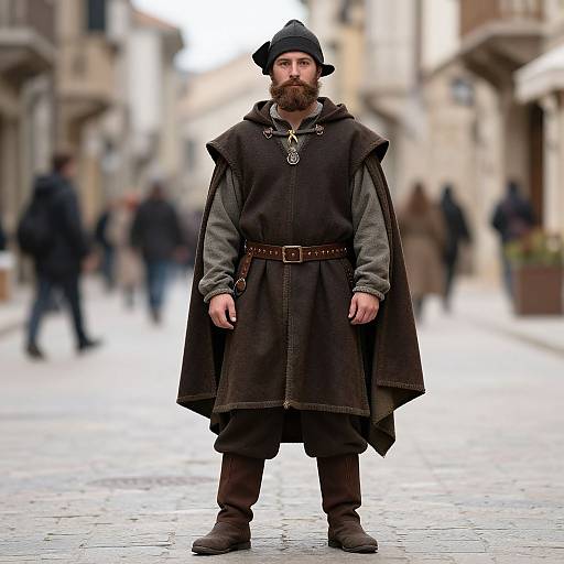 Medieval Man in Hooded Cloak Standing on Historic Street
