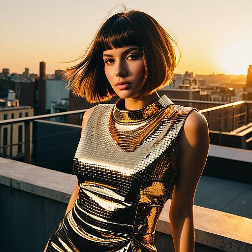 Woman in Metallic Gold Dress on Rooftop at Sunset