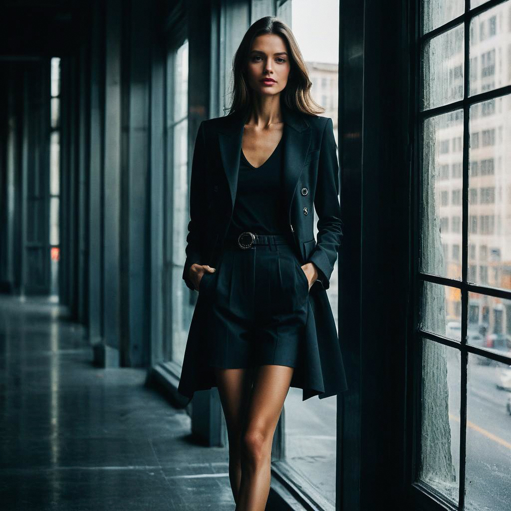 Confident Woman in Stylish Black Blazer and Shorts Confident Woman in Stylish Black Blazer and Shorts