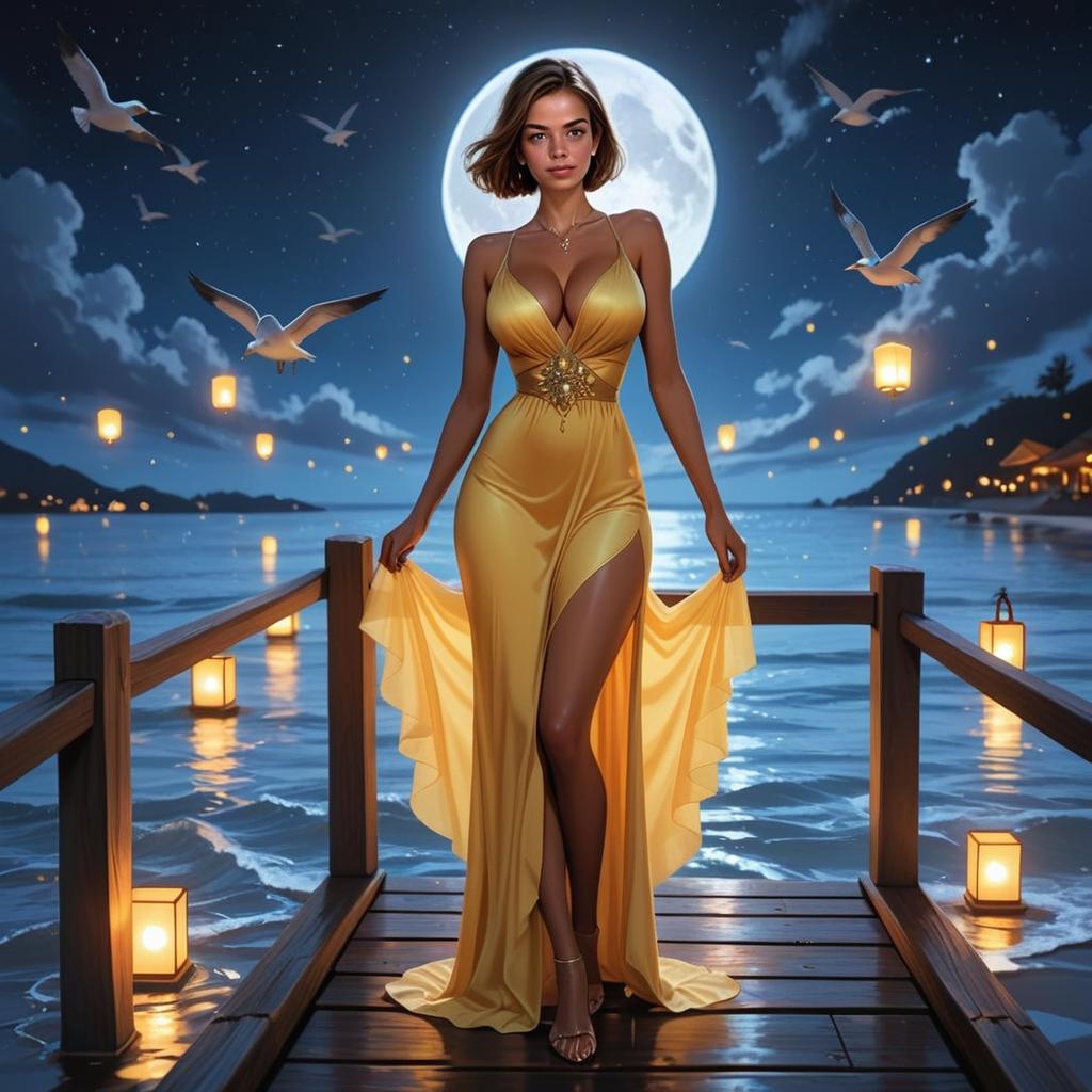 Woman in Golden Dress Under Full Moon
