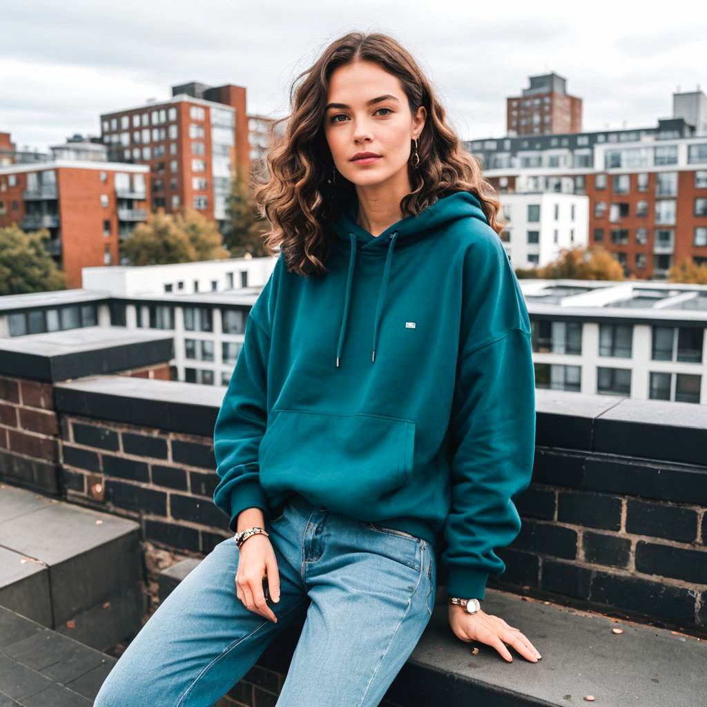 Stylish Woman in Teal Hoodie in Urban Setting