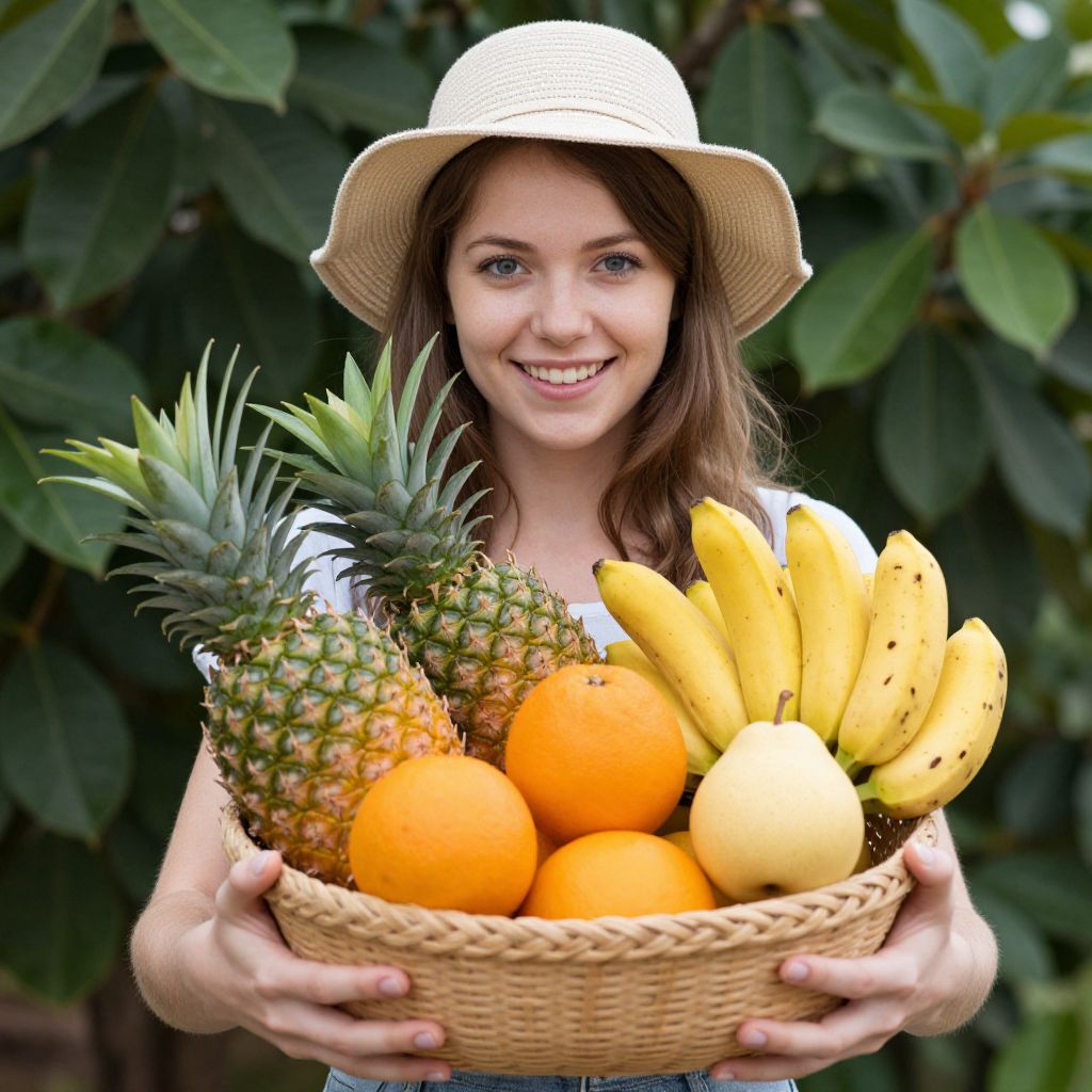 Woman Holding Basket of Fresh Tropical Fruits Outdoors