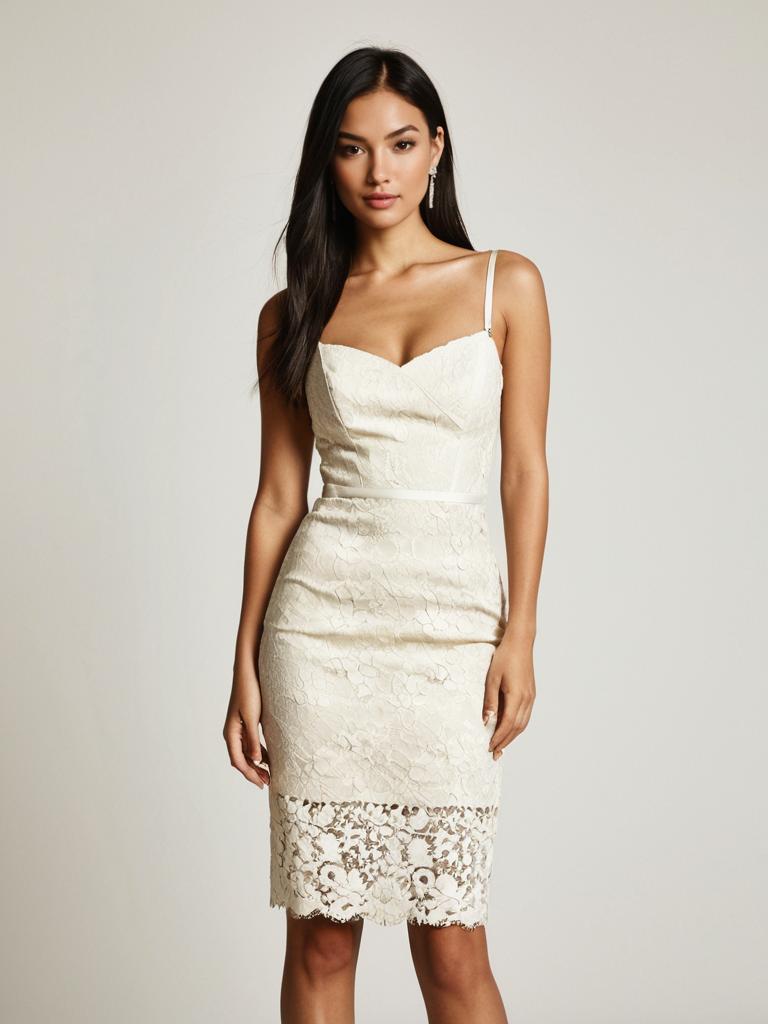Woman in Chic Cream Lace Overlay Pencil Dress with Thin Straps