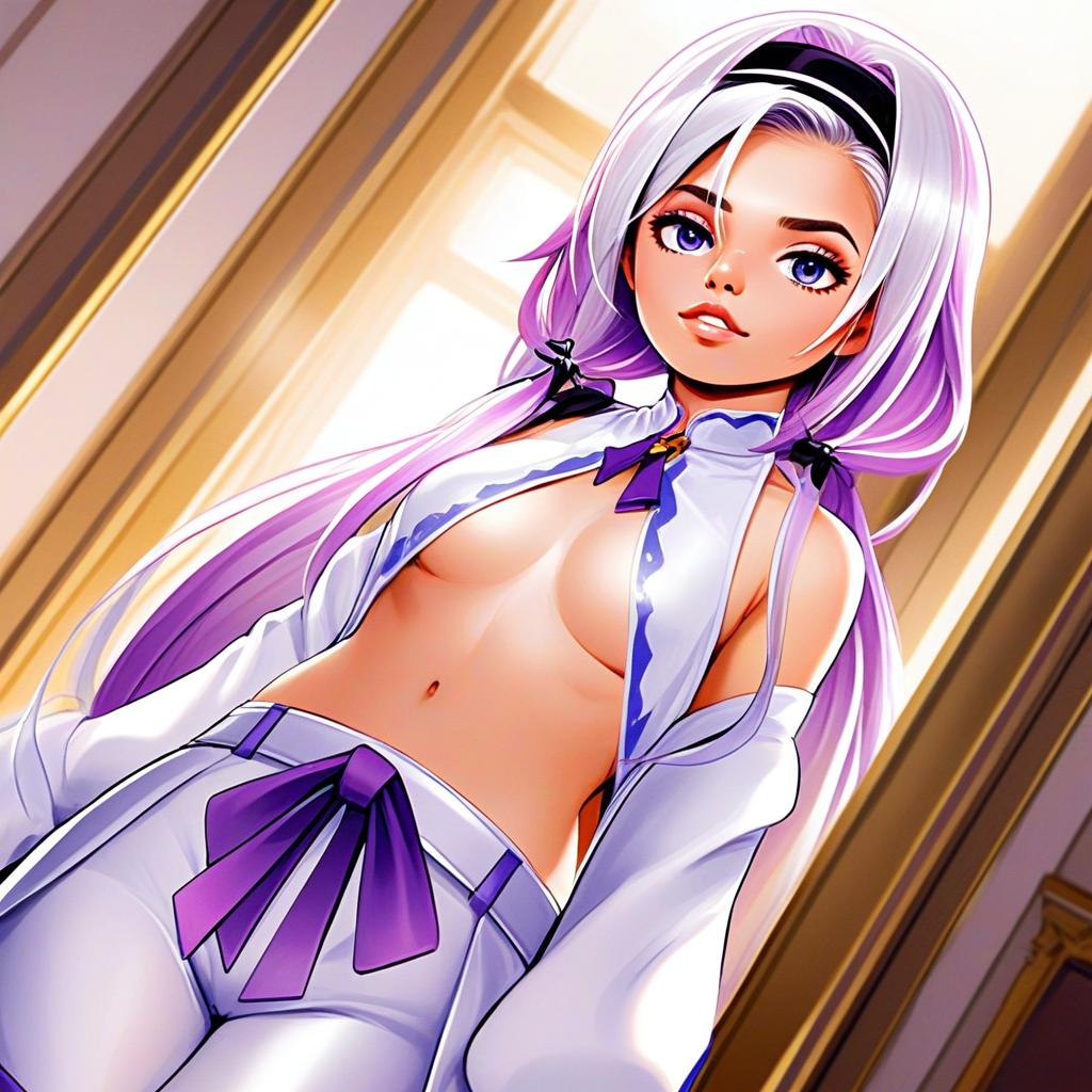 Anime Style Woman with Lavender Hair in Stylish White and Purple Outfit
