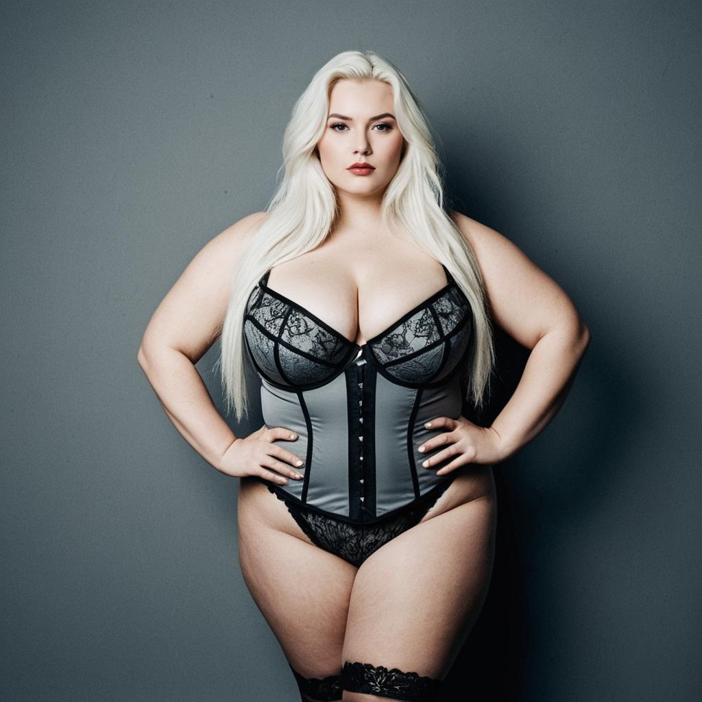Confident Plus-Size Woman in Gray and Black Lace Corset Lingerie
