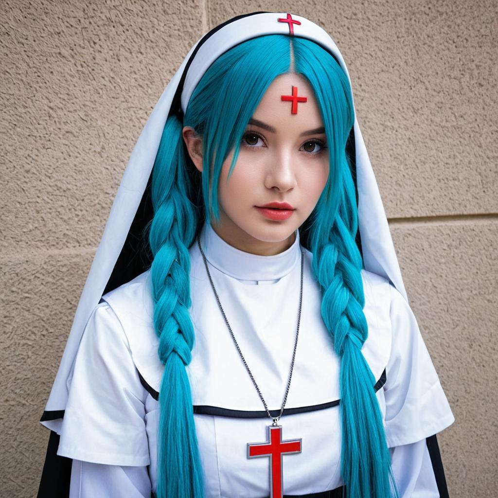 Woman in Blue Hair Nun Cosplay Costume with Red Cross Accessories