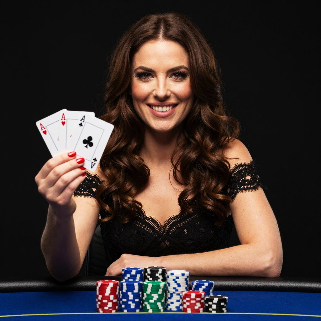 Confident Woman Holding Four Aces at Poker Table with Chips