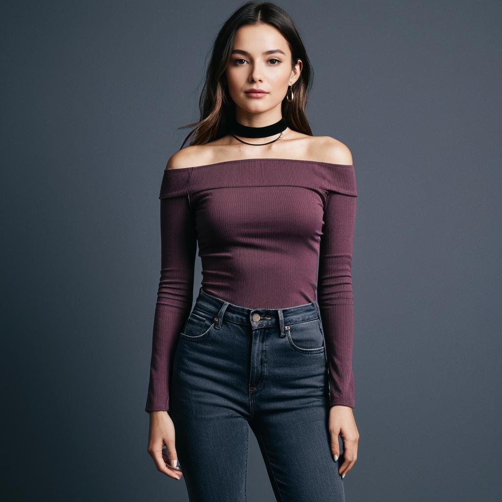 Woman Wearing Contemporary Casual Mauve Off-The-Shoulder Top with High Neck and Dark Jeans