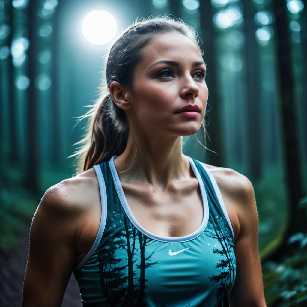 Athletic Woman in Forest Under Full Moon Light