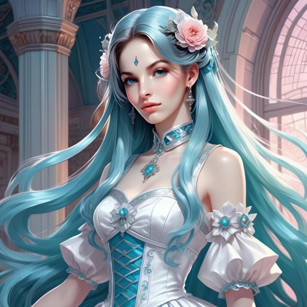 Ethereal Woman with Teal Hair and Floral Dress