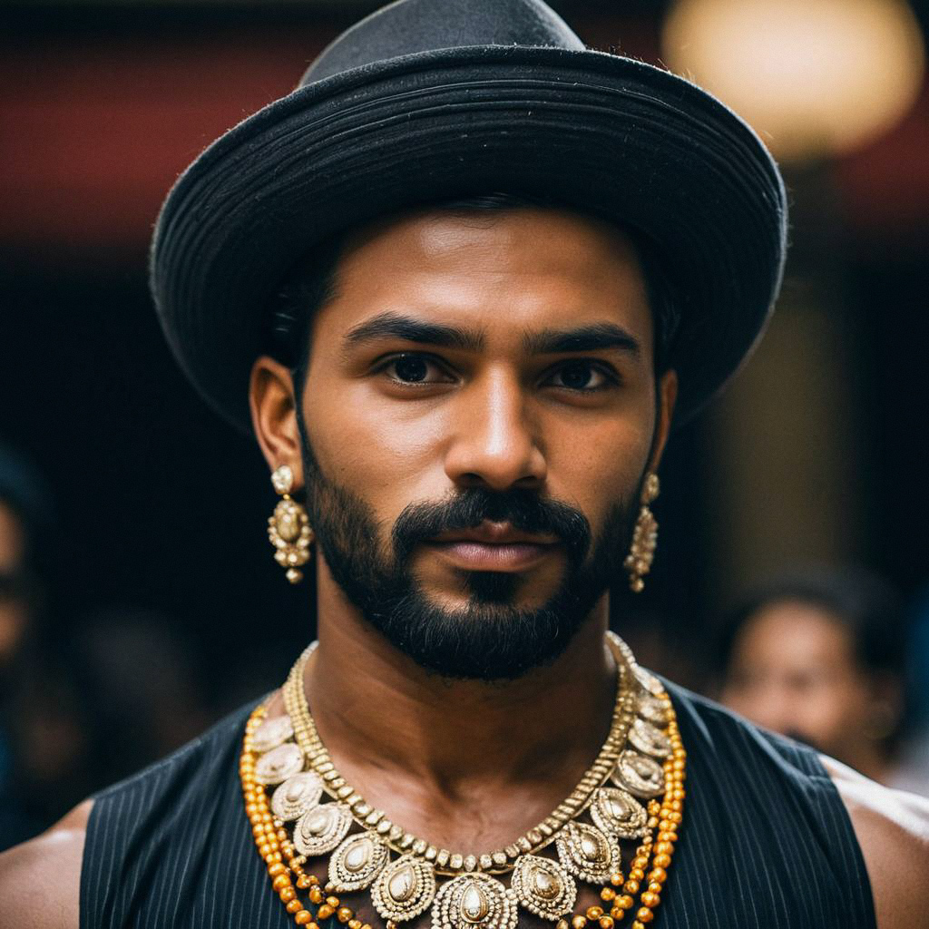 Stylish Man in Traditional Indian Jewelry and Modern Fashion