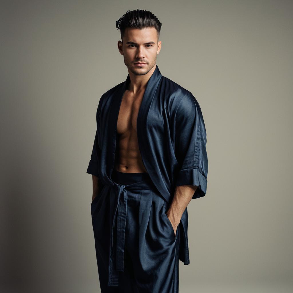 Confident Young Man in Dark Blue Satin Kimono Robe