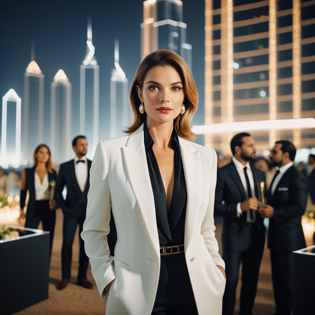 Elegant Woman in Chic White Suit at Night Event