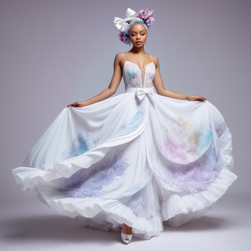 Woman in Ethereal White Gown with Floral Designs