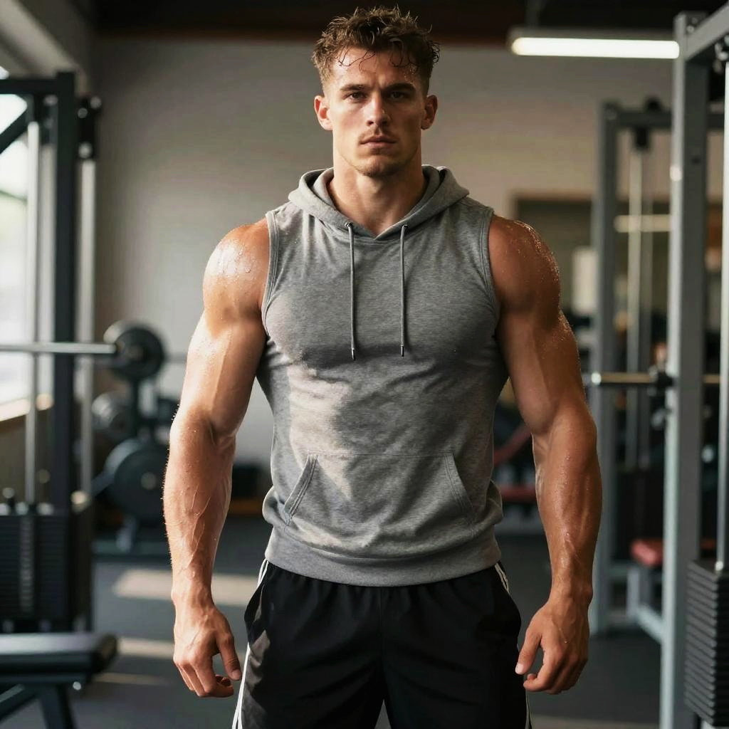 Muscular Man in Gray Sleeveless Hoodie Exercising at Gym