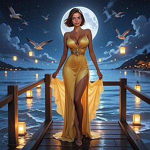 Woman in Golden Dress Under Full Moon