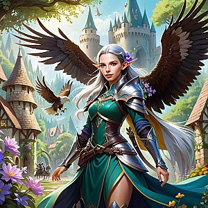 Confident Elf Woman in Gleaming Armor and Teal Gown