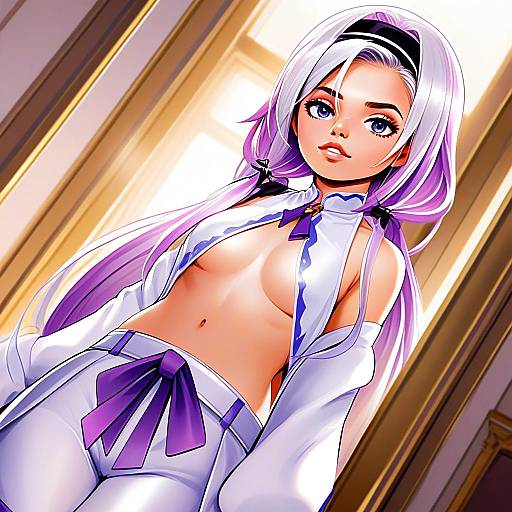 Anime Style Woman with Lavender Hair in Stylish White and Purple Outfit