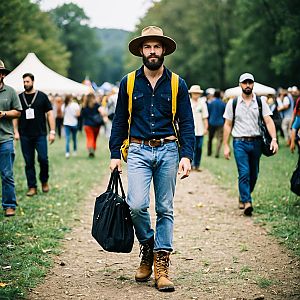 Bearded man in hat walking at outdoor event