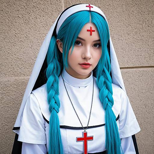 Woman in Blue Hair Nun Cosplay Costume with Red Cross Accessories