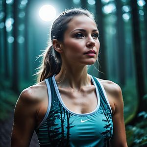 Athletic Woman in Forest Under Full Moon Light