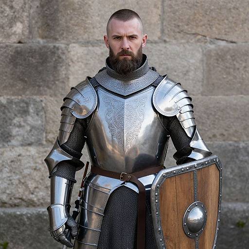 Medieval Knight in Detailed Full Plate Armor with Wooden Shield