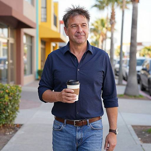 Man Walking Outdoors with Coffee in Urban Setting
