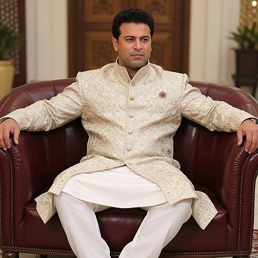 Man in Elegant Cream Embroidered Sherwani Sitting on Leather Sofa