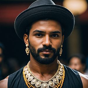 Stylish Man in Traditional Indian Jewelry and Modern Fashion
