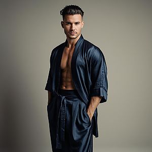 Confident Young Man in Dark Blue Satin Kimono Robe