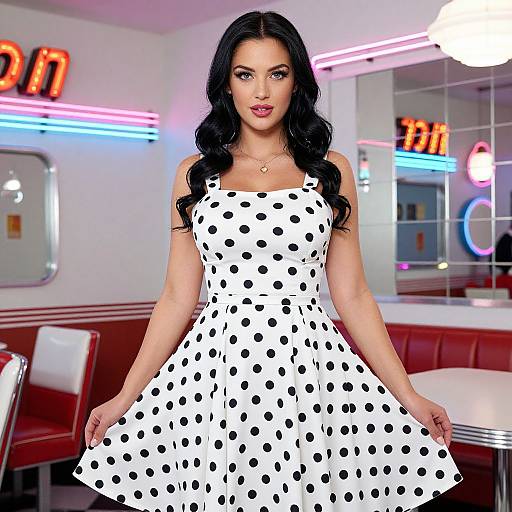 Woman in Retro Polka Dot Dress in 1950s Style Diner