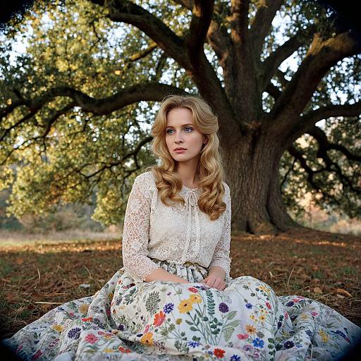 Young Woman in Floral Skirt Sitting Under Large Oak Tree