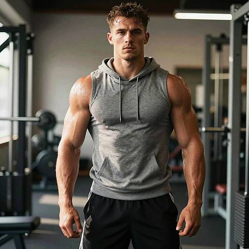 Muscular Man in Gray Sleeveless Hoodie Exercising at Gym