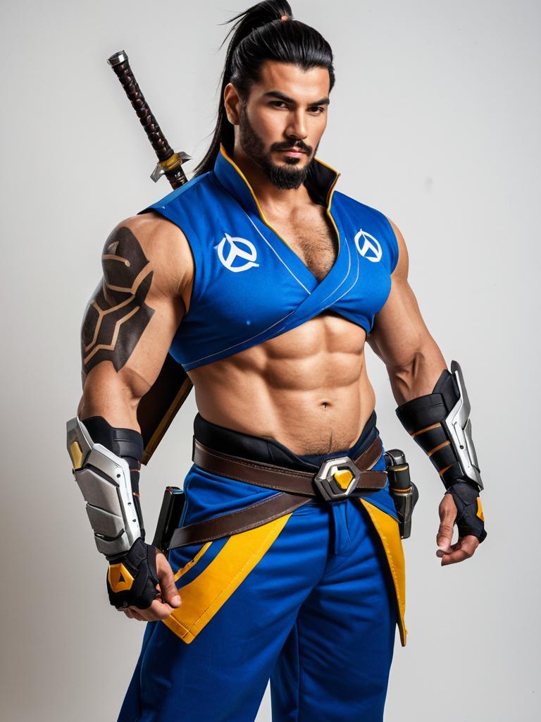 Hanzo Overwatch Cosplay - Muscular Man in Detailed Blue Costume with Sword