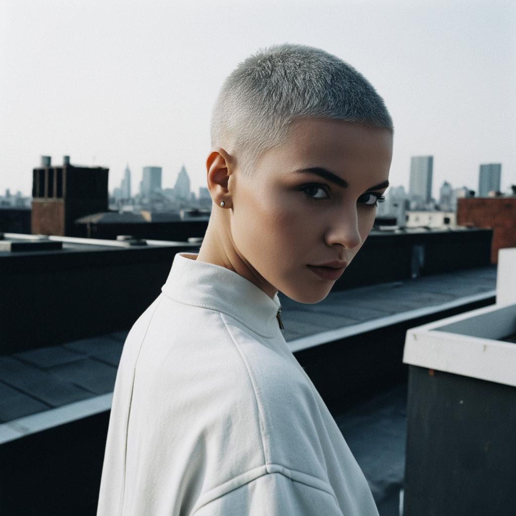 Portrait of Woman with Silver Buzz Cut on Urban Rooftop