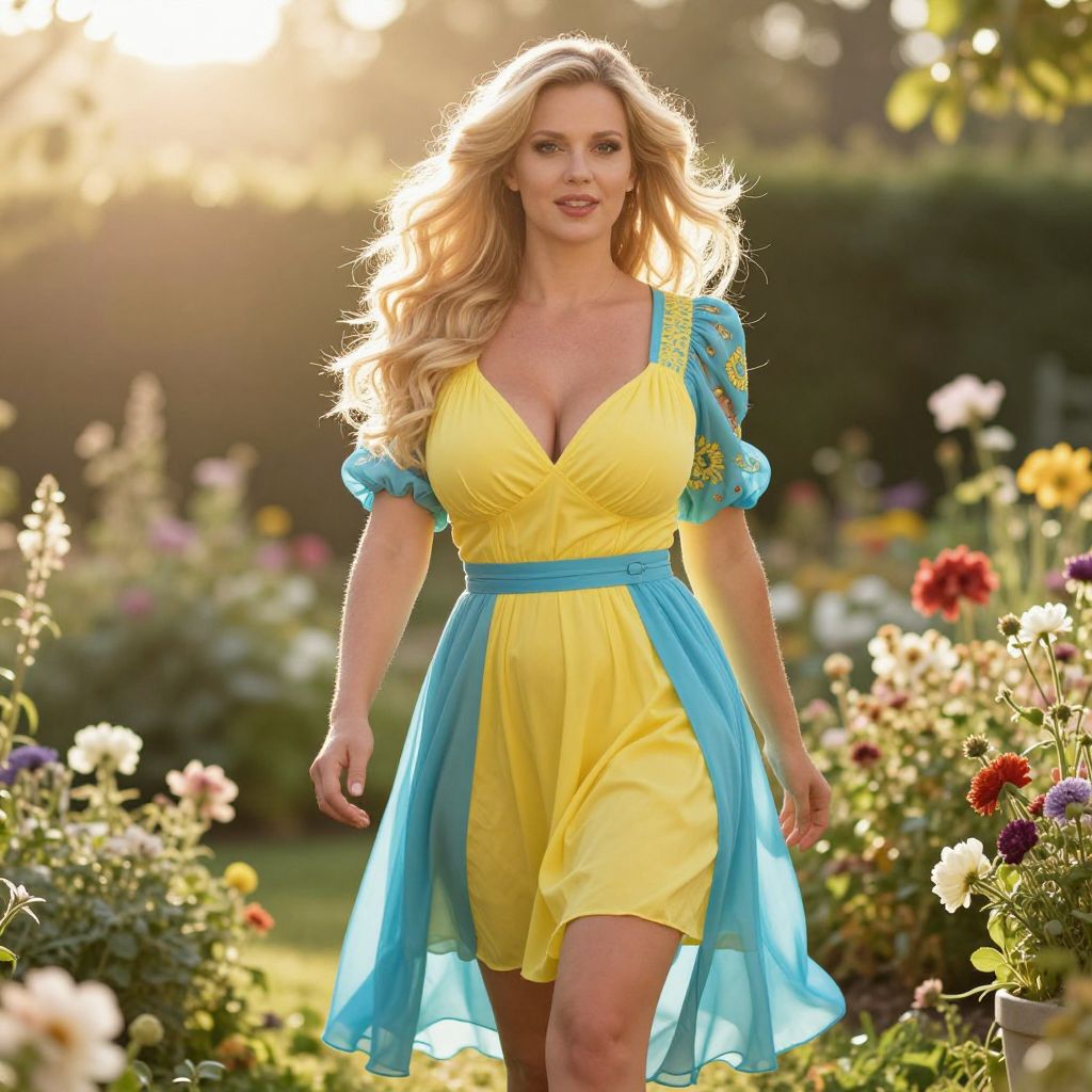 Woman Walking in Floral Garden Wearing Yellow and Blue Dress