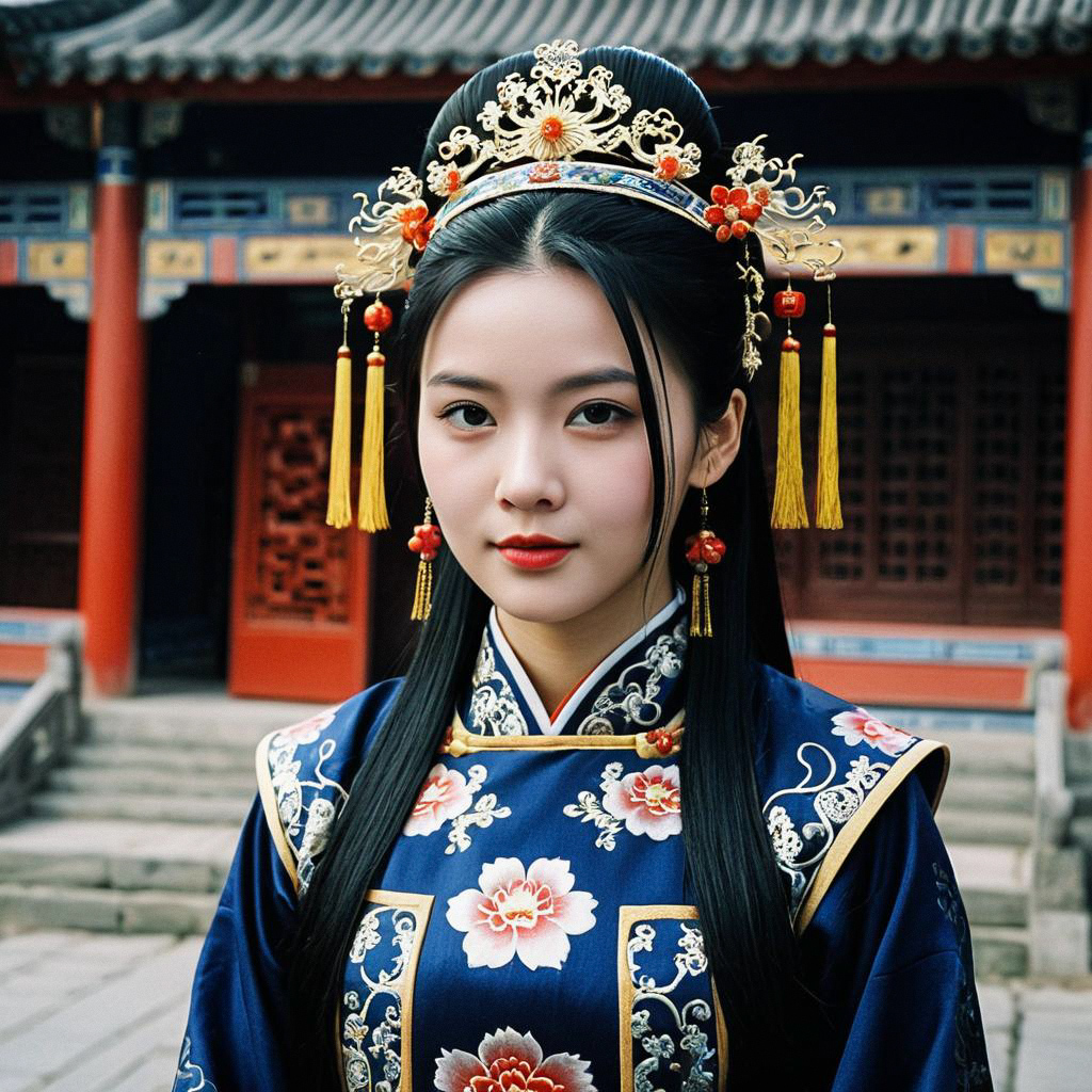 Woman in Traditional Chinese Imperial Costume at Palace Entrance