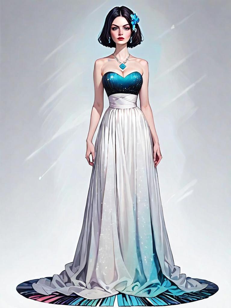 Realistic Comic Style Woman in Elegant Blue and White Gown Full Body Illustration