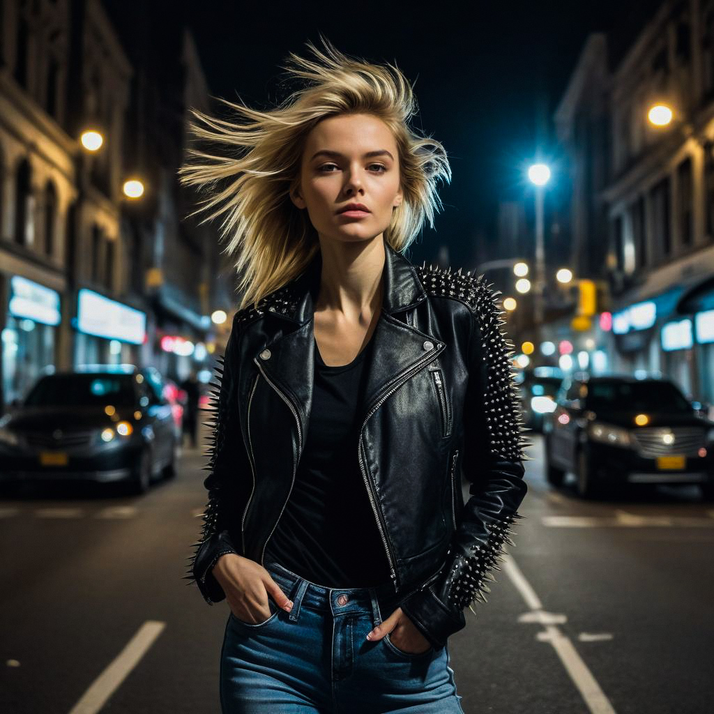 Confident woman in leather jacket at night in city Confident woman in leather jacket at night in city