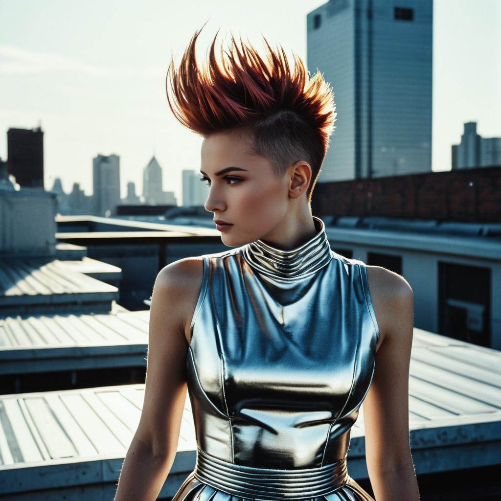 Young Woman with Spiked Mohawk and Metallic Outfit on Urban Rooftop