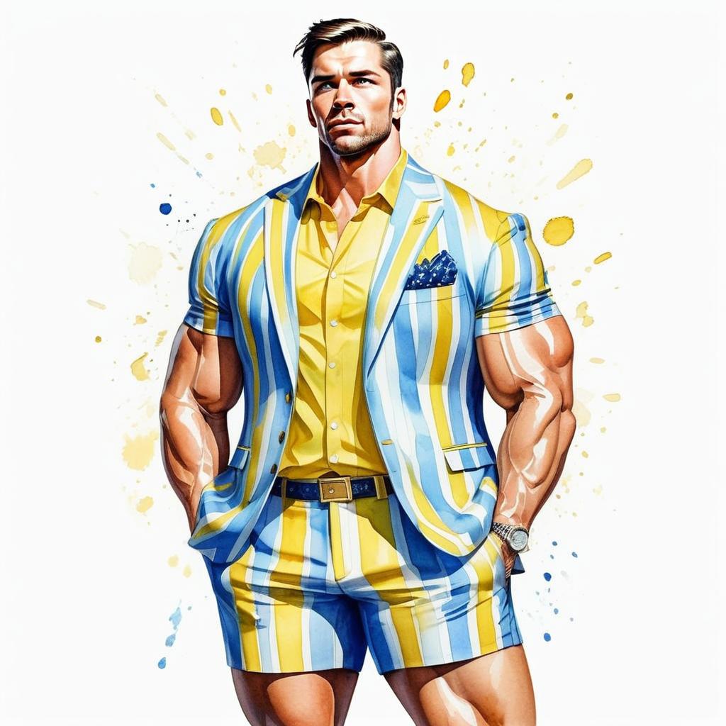 Stylish Muscular Man in Blue and Yellow Striped Suit Digital Illustration