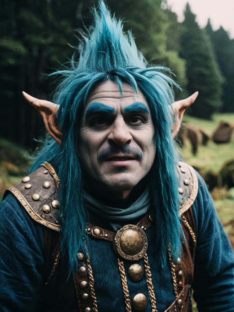 Man in Detailed King Gristle Trolls Costume with Cinematic Realism