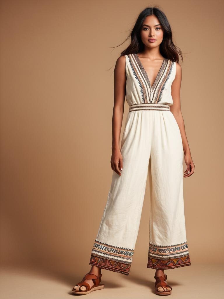 Woman Wearing Cream Colored Bohemian Chic Jumpsuit with Ethnic Trim