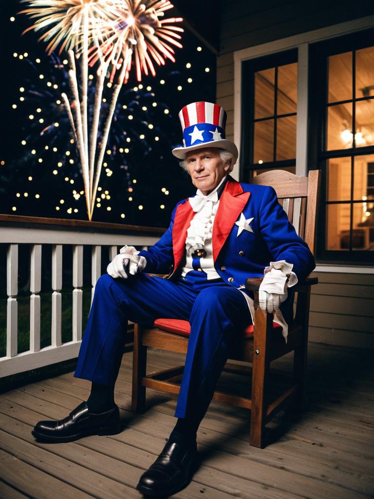Elderly Man in Patriotic Costume with Fireworks