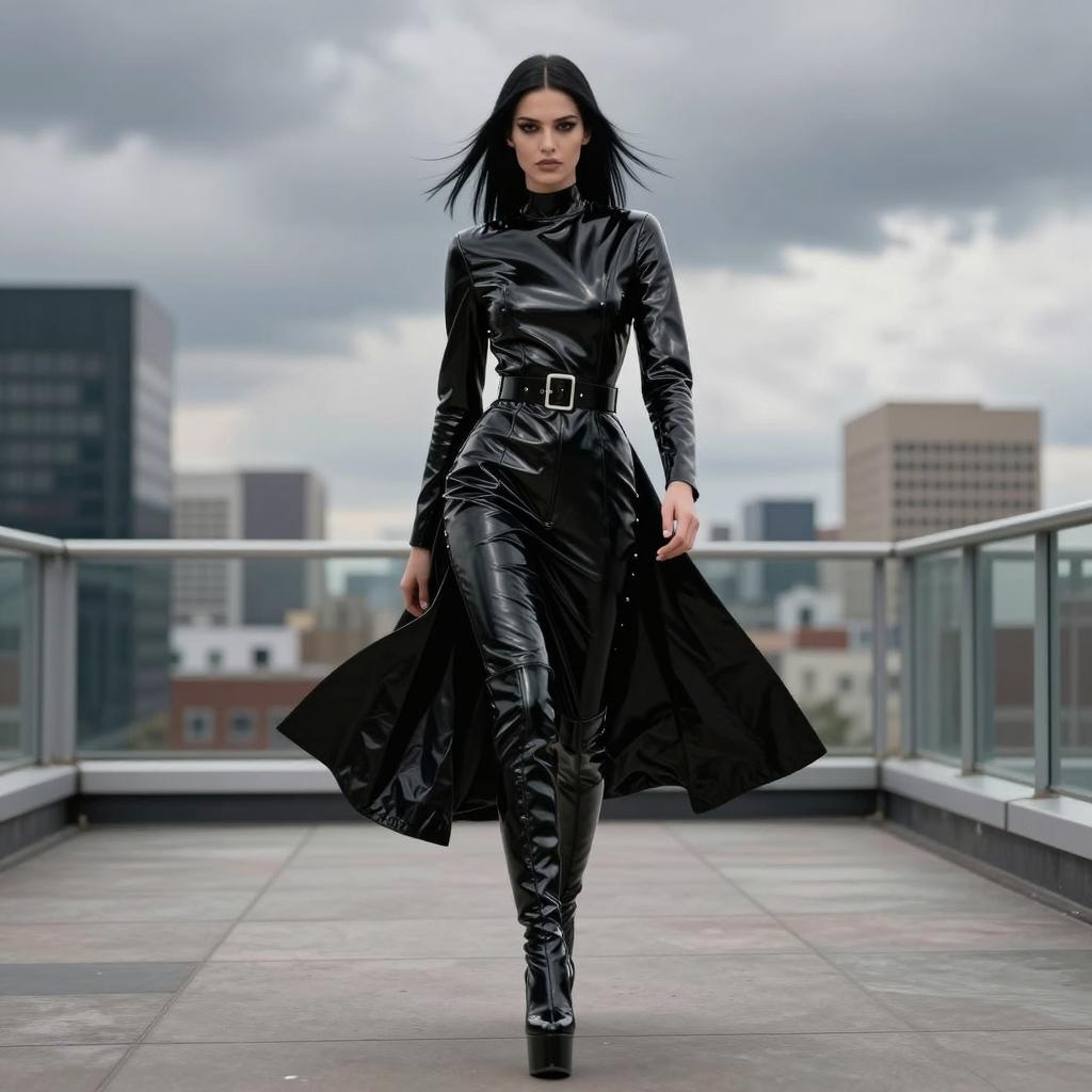 Edgy Gen Z Woman in Black Vinyl Outfit Walking on Urban Rooftop