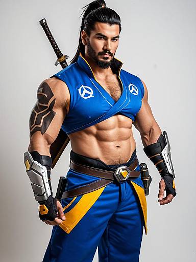 Hanzo Overwatch Cosplay - Muscular Man in Detailed Blue Costume with Sword
