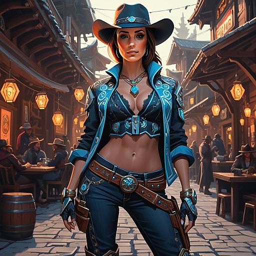 Stylized Western Woman in Fantasy Street Scene Digital Art
